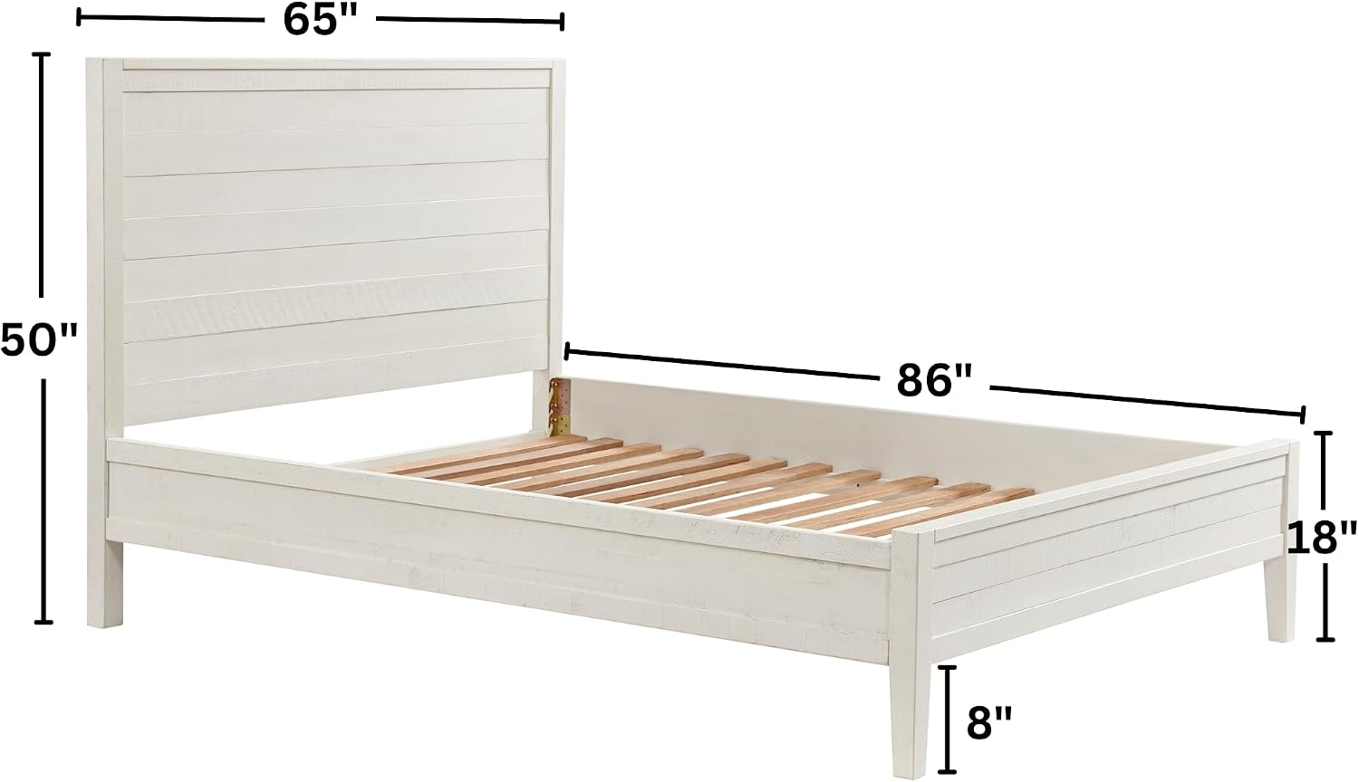 Arden Queen Size Panel Bed Frame – Solid Brazilian Pine Wood with High 50' Headboard, Low 18' Footboard, 8' Underbed Clearance – Rustic Boho Bedroom Style by Alaterre Furniture (Light Driftwood White)