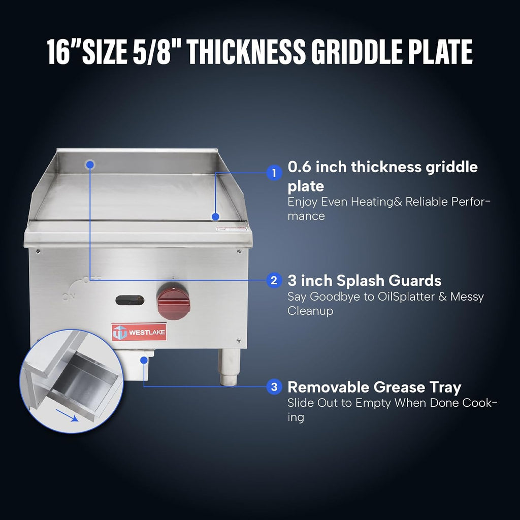 WESTLAKE 16'W Commercial Gas Griddle Countertop Natural Gas and Propane Griddle with Single Burners 30,000 BTU, Stainless Steel Plate Grill for Restaurants