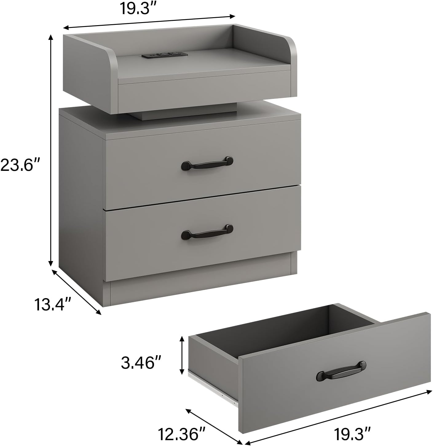 4ever2buy Grey Nightstand Set of 2 with Charging Station and LED Lights Modern Bedside Tables with 2 Drawers for Bedroom