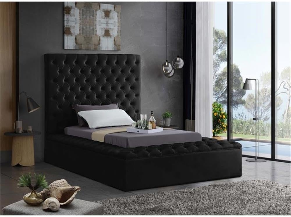 Meridian Furniture Bliss Collection Modern | Contemporary Velvet Upholstered Bed with Deep Button Tufting and Storage Compartments in Rails and Footboard, Black, Twin