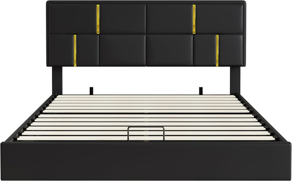 JIJIWANG Queen Size Lift Up Storage Bed with Ottoman - Upholstered Platform Bed Frame with Hydraulic Storage System, Modern Wingback Headboard, Wood Slats Support, No Box Spring Needed, Black