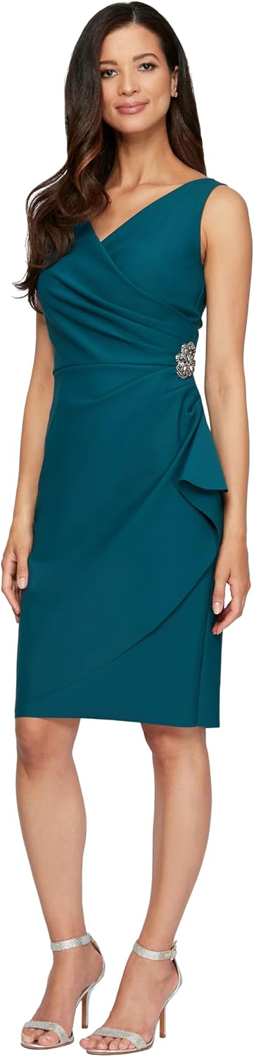 Alex Evenings Women's Slimming Short Ruched Dress with Ruffle (Petite and Regular)