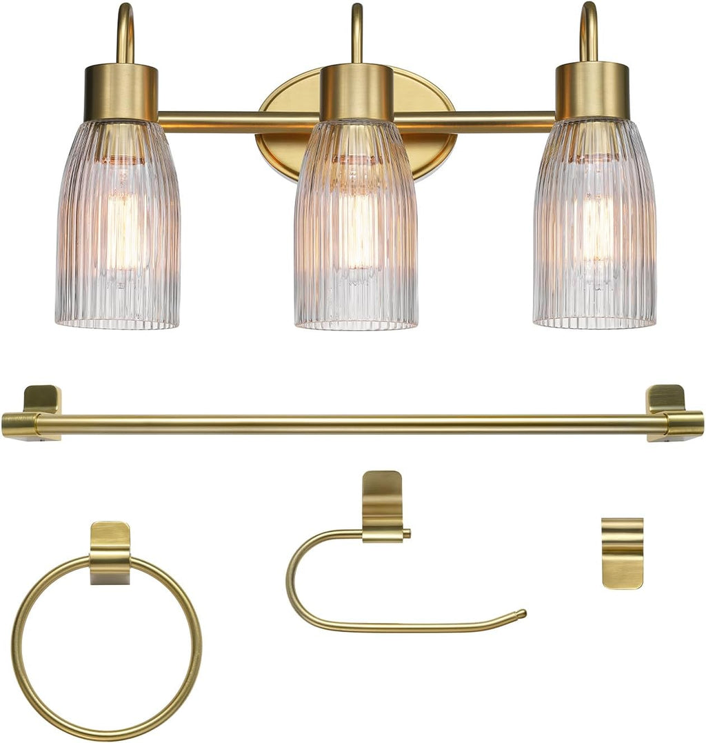 Globe Electric 63000208 5-Piece All-in-One Bathroom Accessory Set with 19' 3-Light Vanity Light, Matte Brass, Ribbed Glass Shades, Towel Bar, Robe Hook, Toilet Paper Holder, Towel Ring, Powder Room