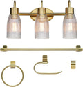 Globe Electric 63000208 5-Piece All-in-One Bathroom Accessory Set with 19' 3-Light Vanity Light, Matte Brass, Ribbed Glass Shades, Towel Bar, Robe Hook, Toilet Paper Holder, Towel Ring, Powder Room