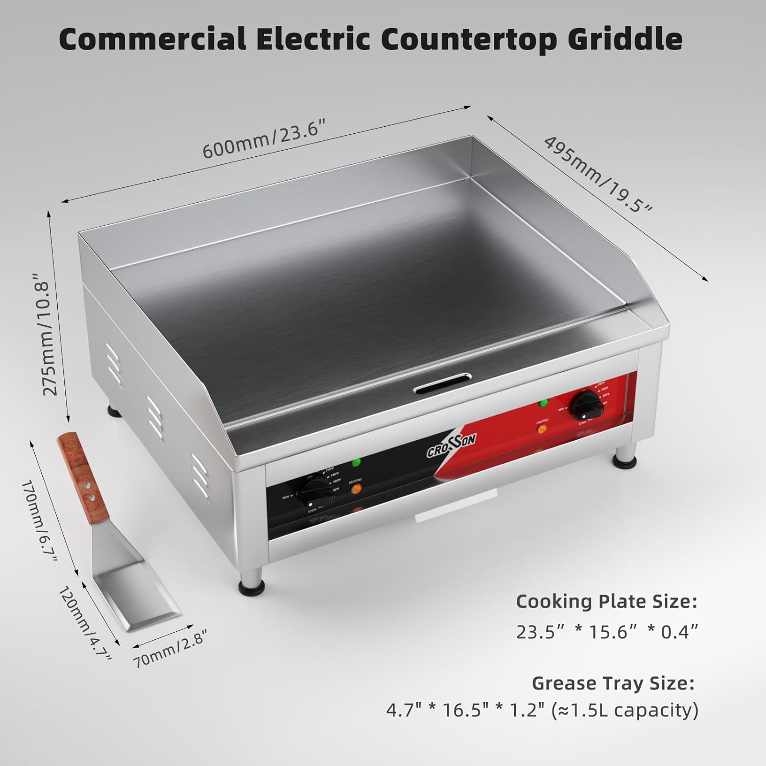 CROSSON ETL Listed 24'*16' Commercial Electric Countertop Griddle,Flat Top Heavy Duty Griddles with Non-Stick 2/5' Thick Iron Cooking Plate for Restaurant use-120V/3500W,Spatula Bonuses