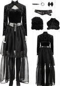 Women Lisa Frankenstein Cosplay Dress Belt Cape Black Dress Gothic Uniform with Shoes for Halloween Cosplay
