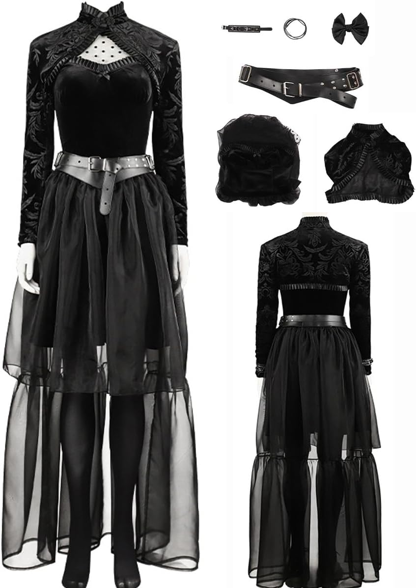 Women Lisa Frankenstein Cosplay Dress Belt Cape Black Dress Gothic Uniform with Shoes for Halloween Cosplay