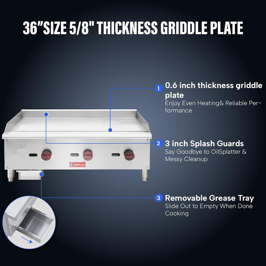 WESTLAKE 36'W Commercial Gas Griddle Countertop Natural Gas and Propane Griddle with 3 Burners 90000 BTU, Stainless Steel Plate Grill for Restaurants