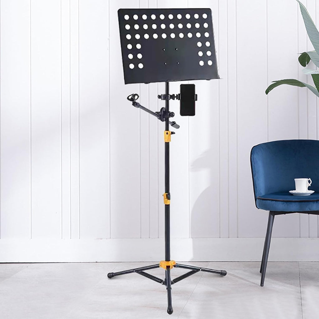 Sheet Music Stand Portable, Music Book Holder with Phone Holder & Microphone Stand, Foldable Tripod, Foldable and Height-Adjustable, for Instrumental Performance & Band & Travel