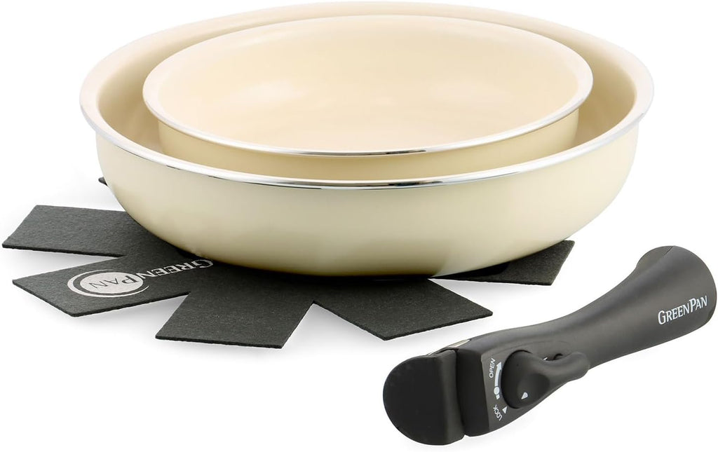 GREENPAN CC007538-004 Green Pan, Set of 4, Removable Handle, IH Gas, Dishwasher Safe, Non-Toxic Substances, PFAS Free, Ceramic Coating, Click Chef, Stick-Resistant, Easy to Remove Stains, Cream, White