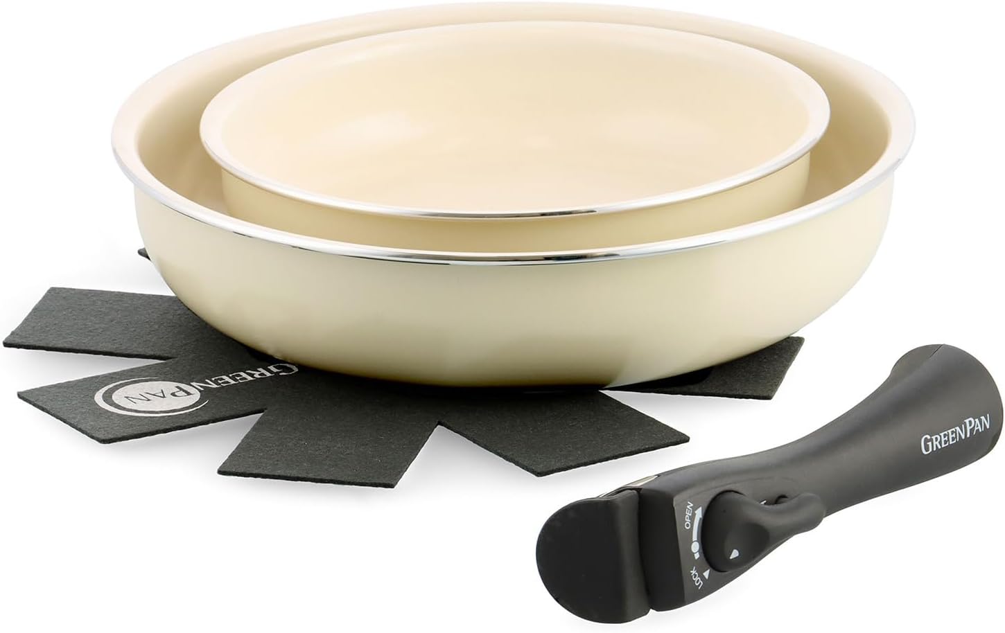 GREENPAN CC007538-004 Green Pan, Set of 4, Removable Handle, IH Gas, Dishwasher Safe, Non-Toxic Substances, PFAS Free, Ceramic Coating, Click Chef, Stick-Resistant, Easy to Remove Stains, Cream, White