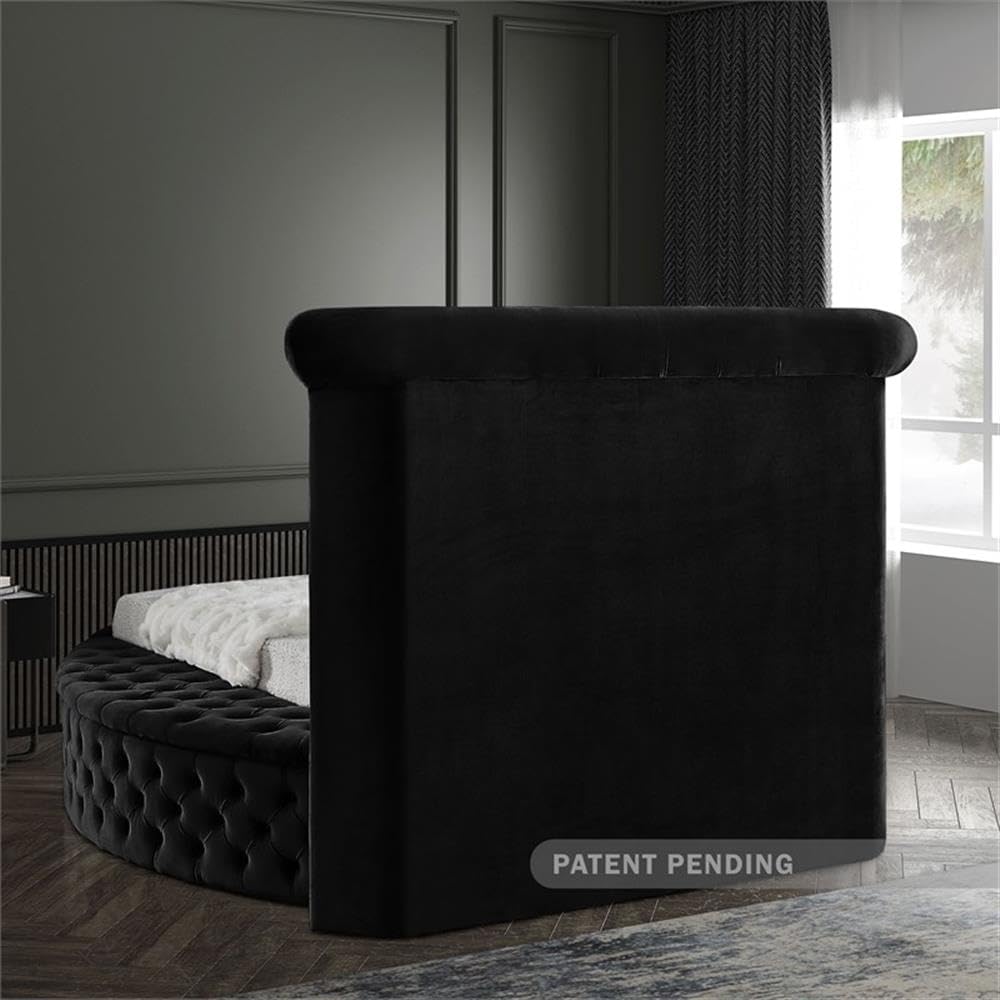 Meridian Furniture Luxus Collection Modern | Contemporary Round Shaped Velvet Upholstered Bed with Deep Button Tufting and Footboard Storage, Twin, Black