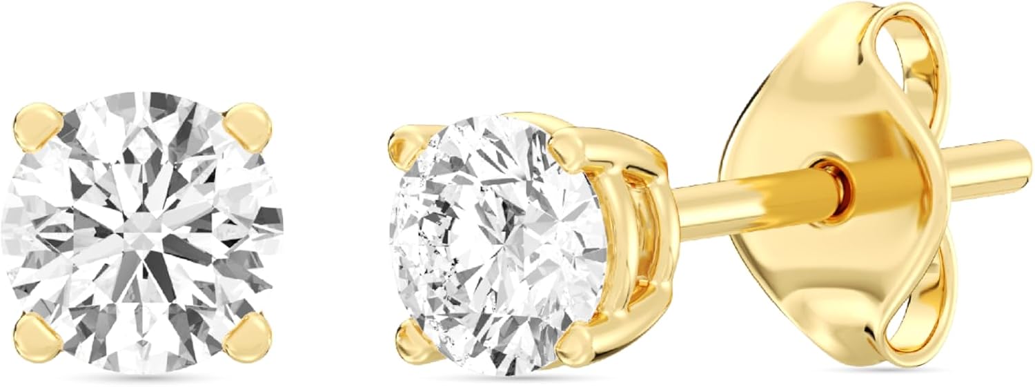 Gilded Lab-Grown Diamond Stud Earrings 10KT White Gold and 10KT Yellow Gold | Hypoallergenic Fine Gold Jewelry | 4-Prong Basket, Push Back Nut | VS2 SI1 Clarity, F Color, Round Cut | 1/5,1/4,1/3,3/8,1/2,3/4,1,2 ct tw