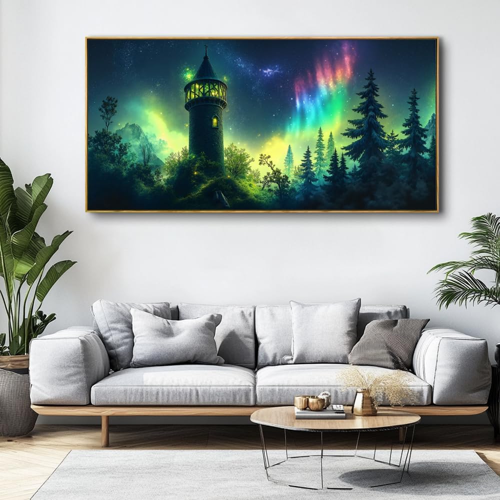 Aurora Landscape Wall Art - Framed Modern Canvas Painting for Living Room, Bedroom Home Office Decor, 60x30 Inch Ready to Hang