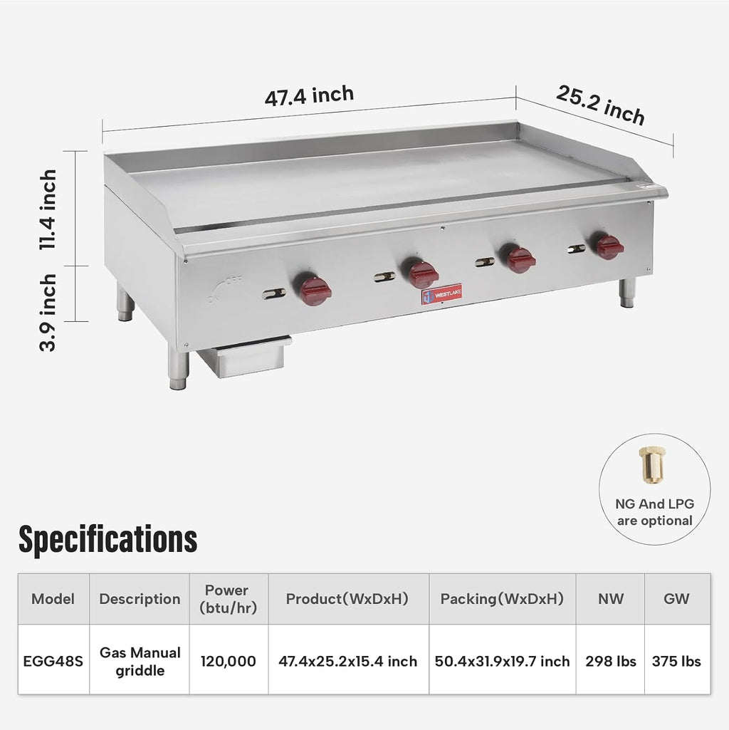 WESTLAKE 48'W Commercial Gas Griddle Countertop Natural Gas and Propane Griddle with 4 Burners 120000 BTU, Stainless Steel Plate Grill for Restaurants