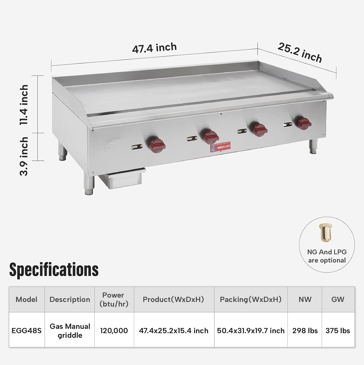WESTLAKE 60'W Commercial Gas Griddle Countertop Natural Gas and Propane Griddle with 5 Burners 150000 BTU, Stainless Steel Plate Grill for Restaurants