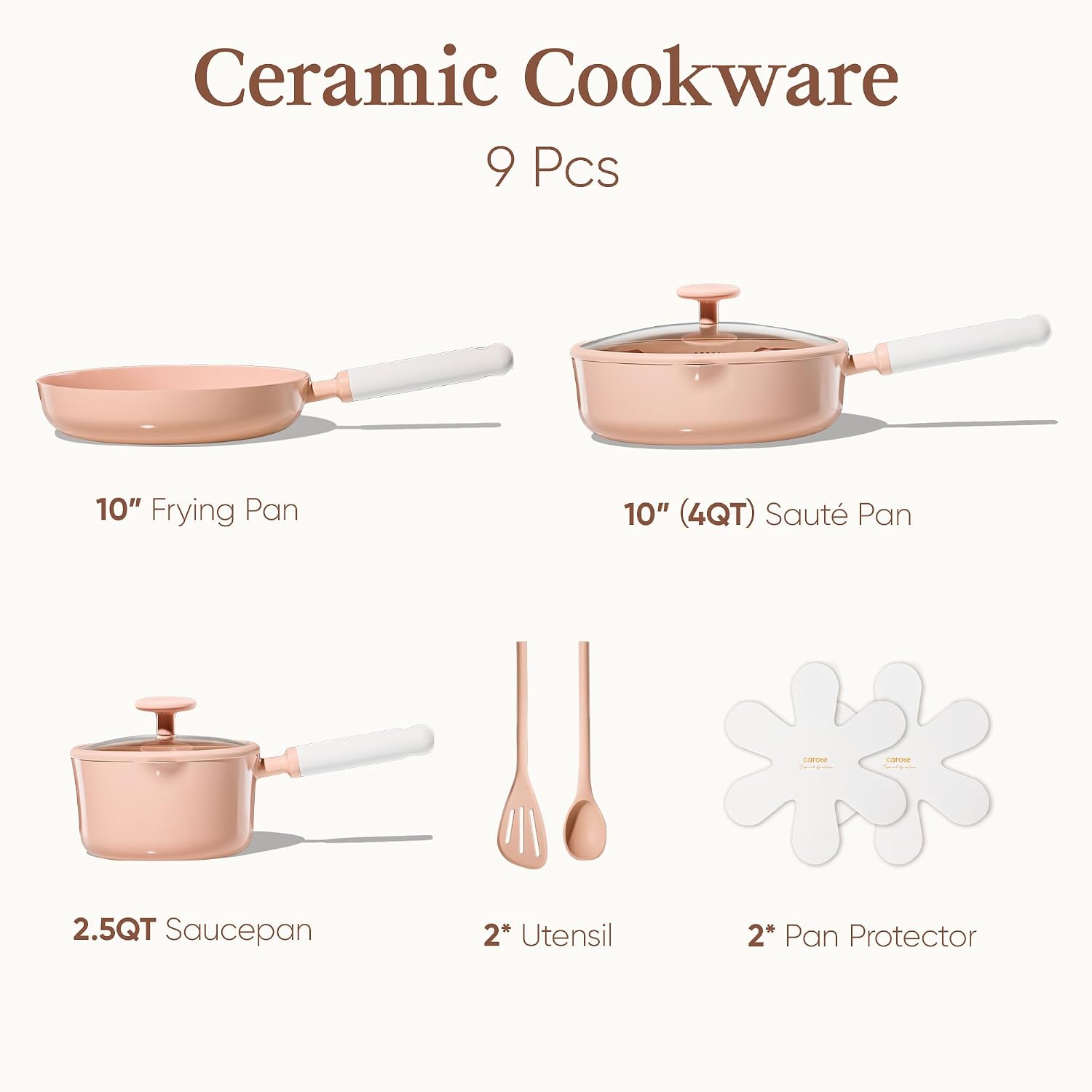 CAROTE Ceramic Cookware Set Nonstick, 9pcs Pots and Pans Set Non stick, Non-Toxic & PFAS-Free,Dishwasher, RV/Camping Cookware Set,Sauce Pan with Lid, Pink