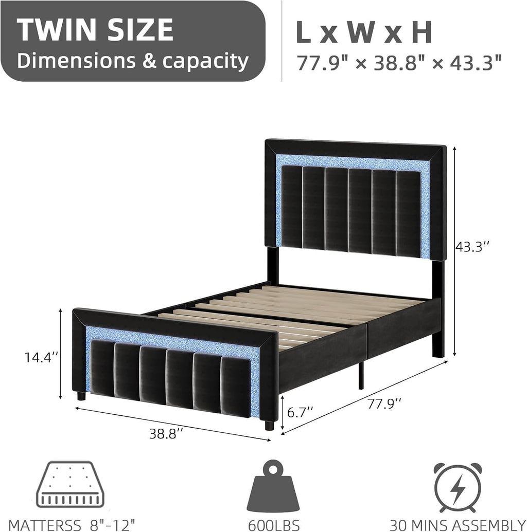 HOMBCK Twin Bed Frame with LED Lights and Velvet Upholstered Adjustable Headboard, Twin Size Bed Frames with Diamond Headboard & Footboard, Wood Slats Support, Noise Free, No Box Spring Needed, Black