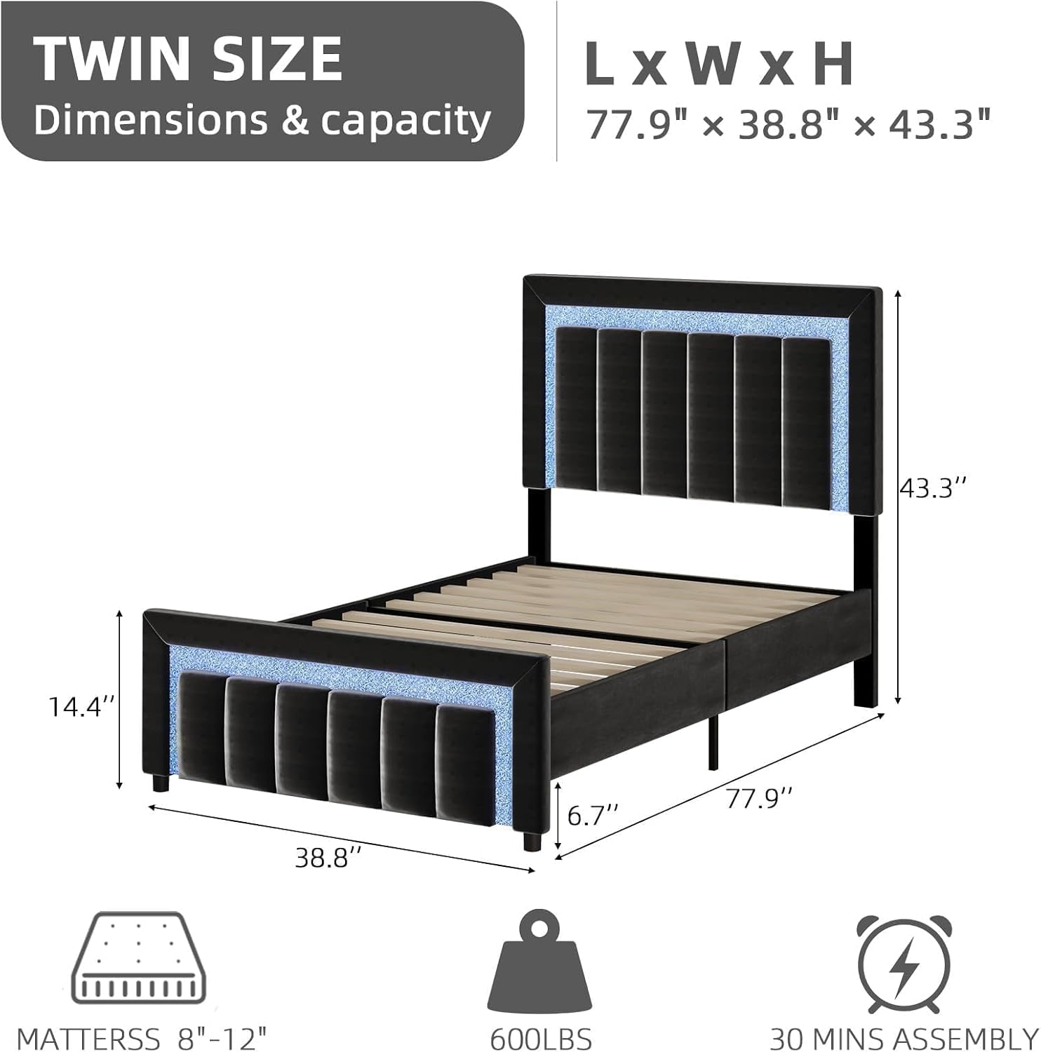 HOMBCK Twin Bed Frame with LED Lights and Velvet Upholstered Adjustable Headboard, Twin Size Bed Frames with Diamond Headboard & Footboard, Wood Slats Support, Noise Free, No Box Spring Needed, Black