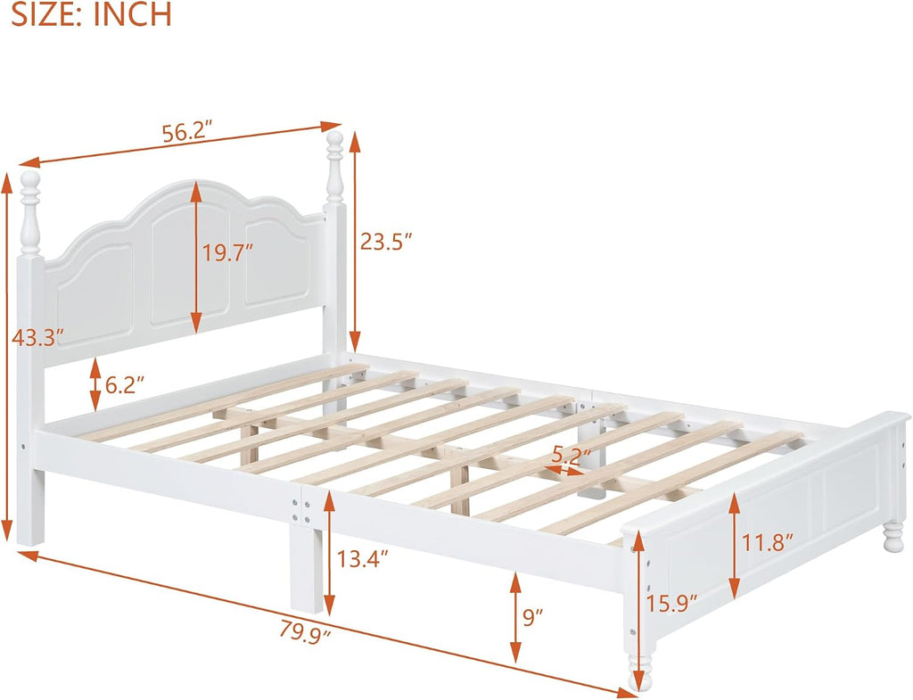 Merax Classic Retro Solid Wood Platform Bed with Headboard, Full Bed Frame/No Box Spring Needed/Easy Assemble White