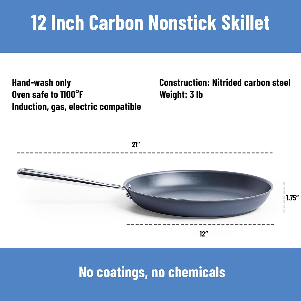Misen Carbon Nonstick™ Skillet - Nitrided Carbon Steel - Professional Alternative to Teflon - 1100°F High Heat Ready - Easy Release - Induction, Oven, & Grill Safe - 12 Inch