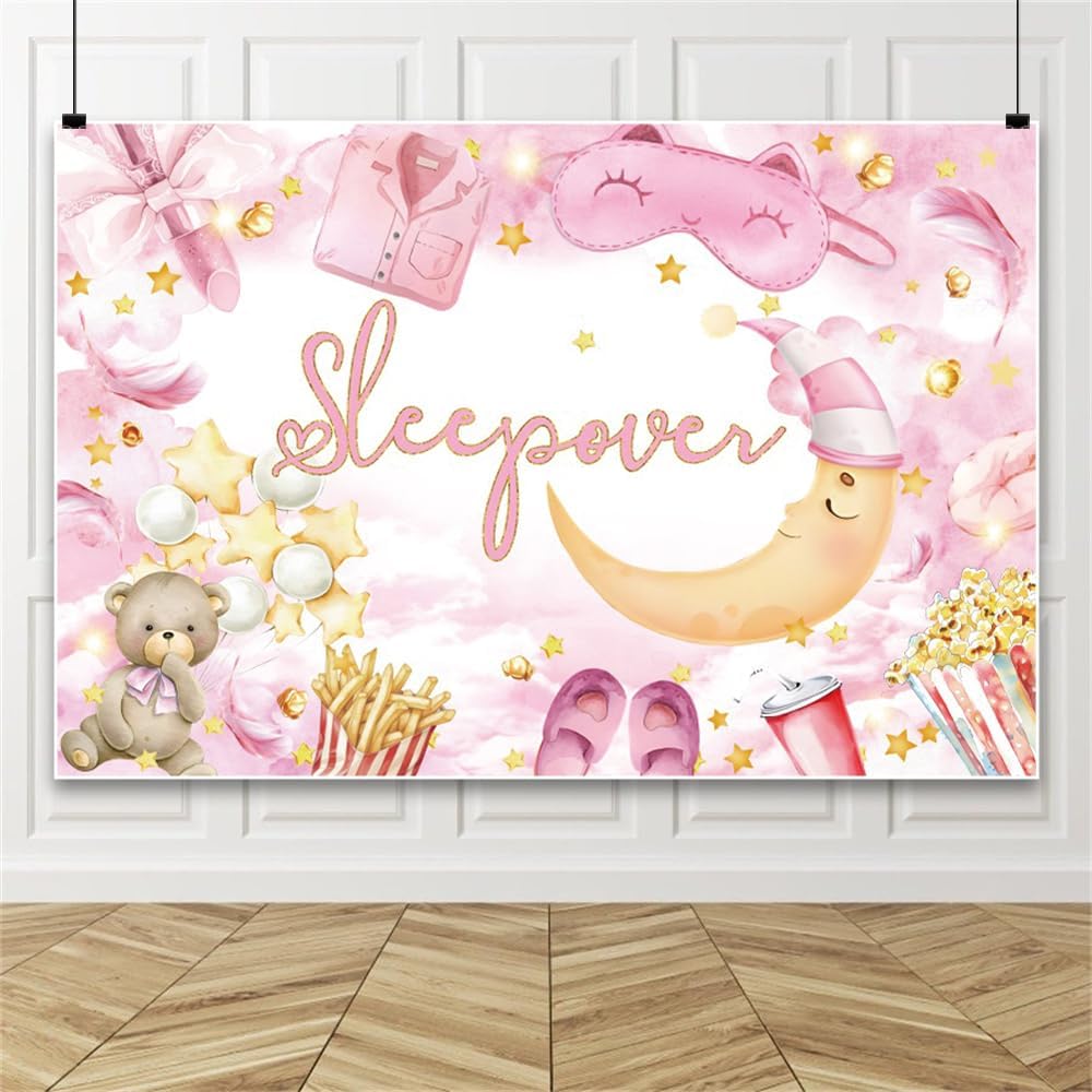 20x10ft Happy Birthday Backdrop Sleepover Party Background Movie Night Slumber Party Birthday Party Decorations Colorful Pajama Girls Pillow Fight Theme Spa Makeup Night Pink Banner Supplies