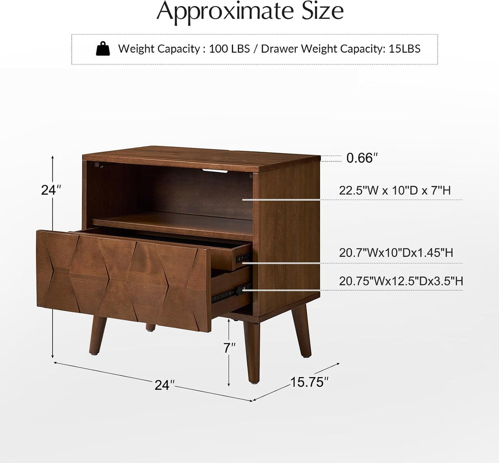HULALA HOME Mid Century Modern Nightstand with Solid Wood Legs,Drawer Organizer with Charging Station, Geometric Pattern Nightstand, Walnut