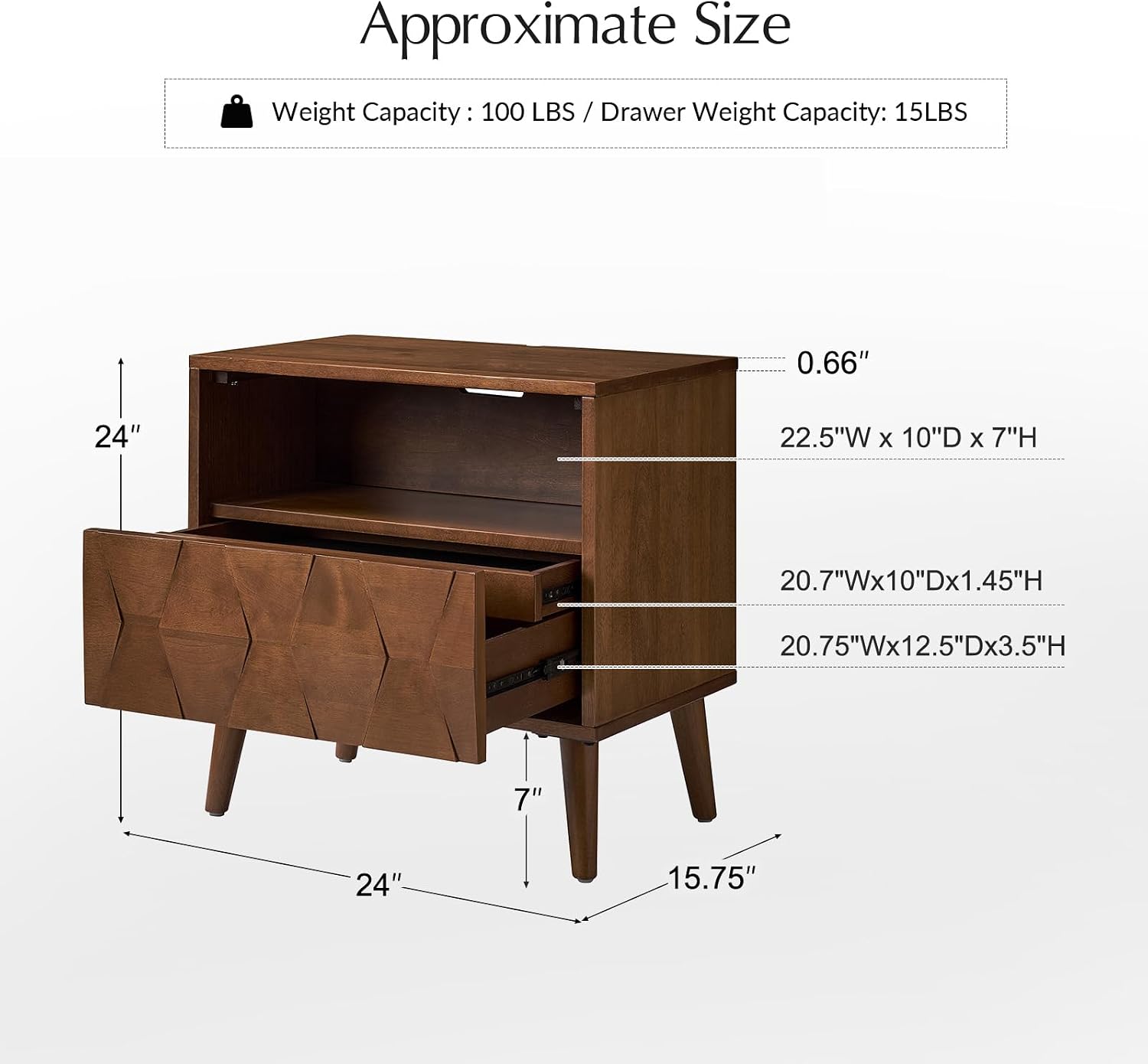 HULALA HOME Mid Century Modern Nightstand with Solid Wood Legs,Drawer Organizer with Charging Station, Geometric Pattern Nightstand, Walnut