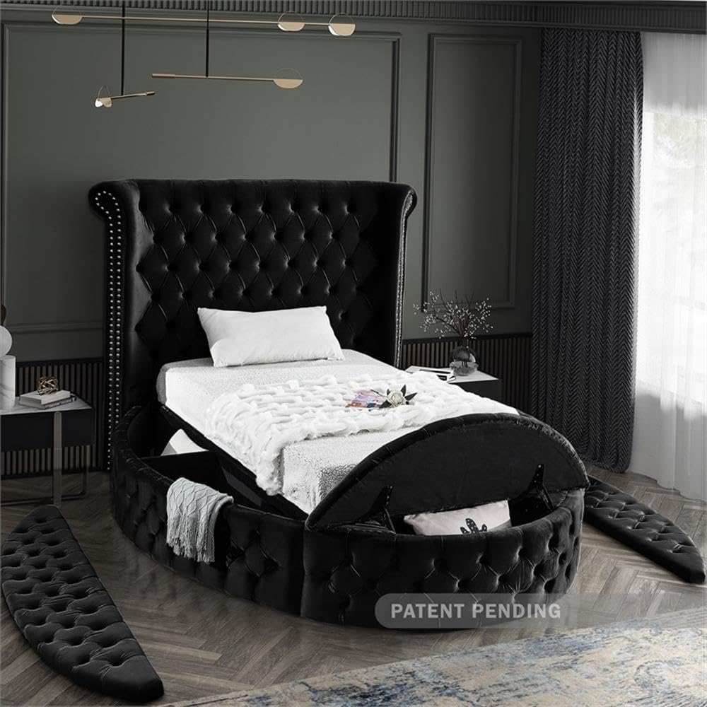 Meridian Furniture Luxus Collection Modern | Contemporary Round Shaped Velvet Upholstered Bed with Deep Button Tufting and Footboard Storage, Twin, Black