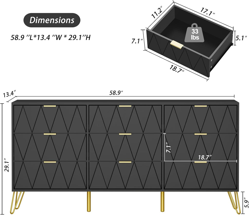 Anbuy Bedroom Sets 3 Piece 9+2+2 Black 9 Drawer Dresser & Nightstands Set of 2 for Bedroom, Two Drawers Nightstand Set of 2 and 9 Drawer Dresser Combo 3 Pieces