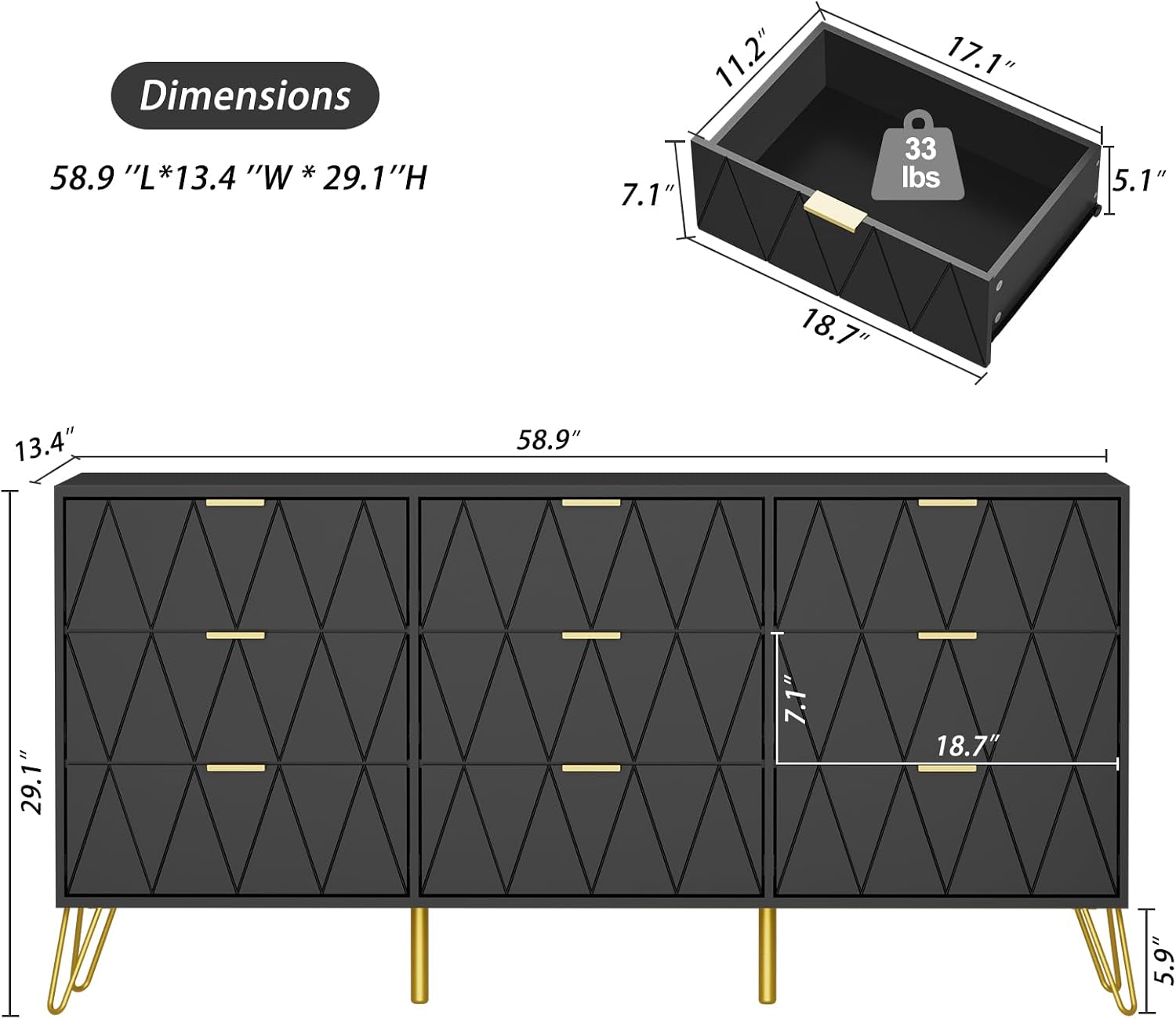 Anbuy Bedroom Sets 3 Piece 9+2+2 Black 9 Drawer Dresser & Nightstands Set of 2 for Bedroom, Two Drawers Nightstand Set of 2 and 9 Drawer Dresser Combo 3 Pieces