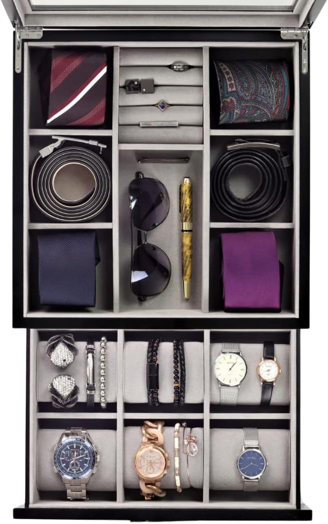 Multi purpose Black Wood Handmade Men Tie Storage Box,Watch Box and Jewelry Box (Busy Man)