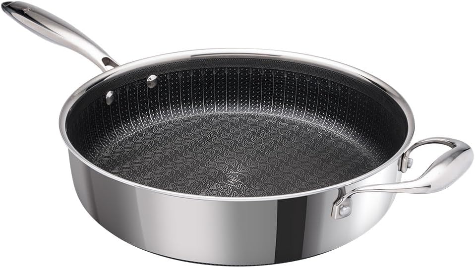 Hell's Kitchen Tri-Clad Hybrid 4 Quart Sauté Pan with Lid, Nonstick, Scratch-Resistant, Ergonomic Handle, Dishwasher Safe, Multi-Cooktop, and Oven-Safe (Original Nonstick)
