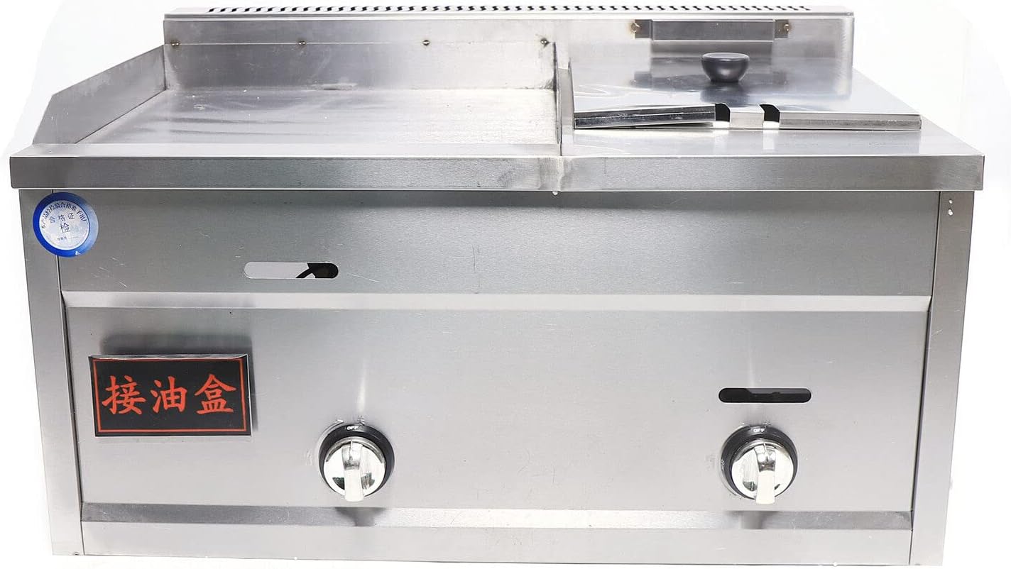 Xuthusman Commercial Stainless Steel Double Burner Gas Propane Tabletop Griddle and Deep Fryer Combo