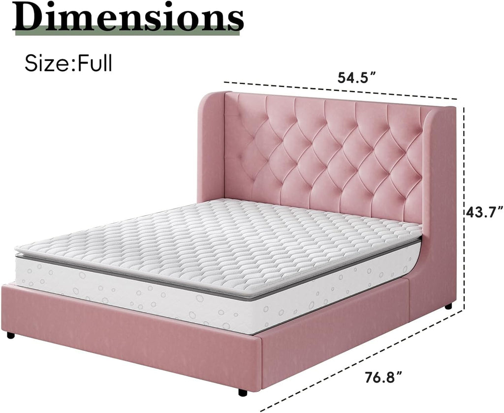 HOMBCK PIink Full Size Bed Frame, Velvet Upholstered Bed Frame Full with Headboard and Wide Wingback, Sturdy Wooden Slats Support, No Box Spring Needed, Noise Free, Easy Assembly, Pink