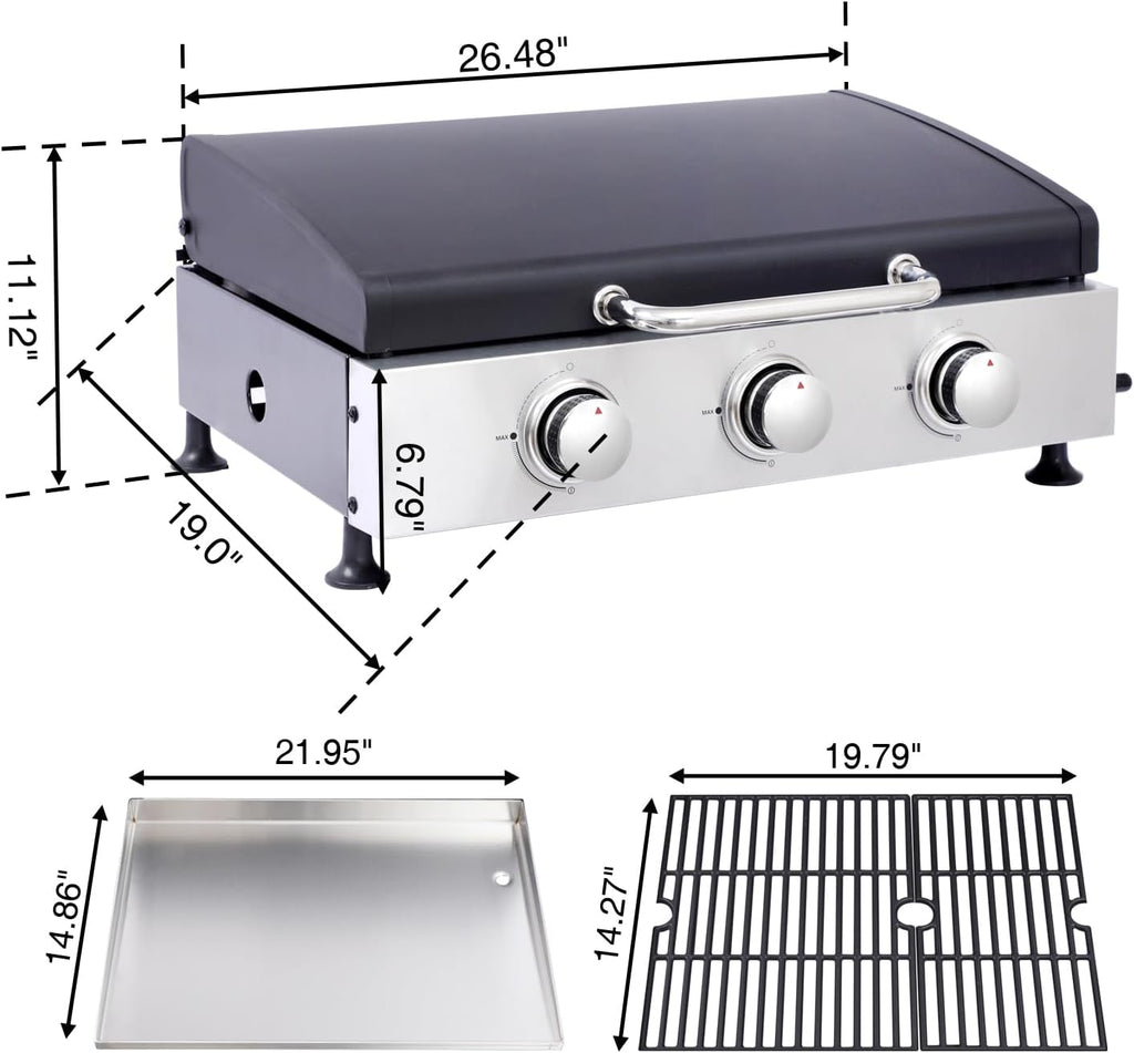 22' Flat Top Grill with Lid, 3 Burner Portable Gas Griddle for Outdoor, BBQ, Camping, Backyard & Tailgating Barbecue, 30,000 BTU Tabletop Propane Griddle 322 Sq. In.