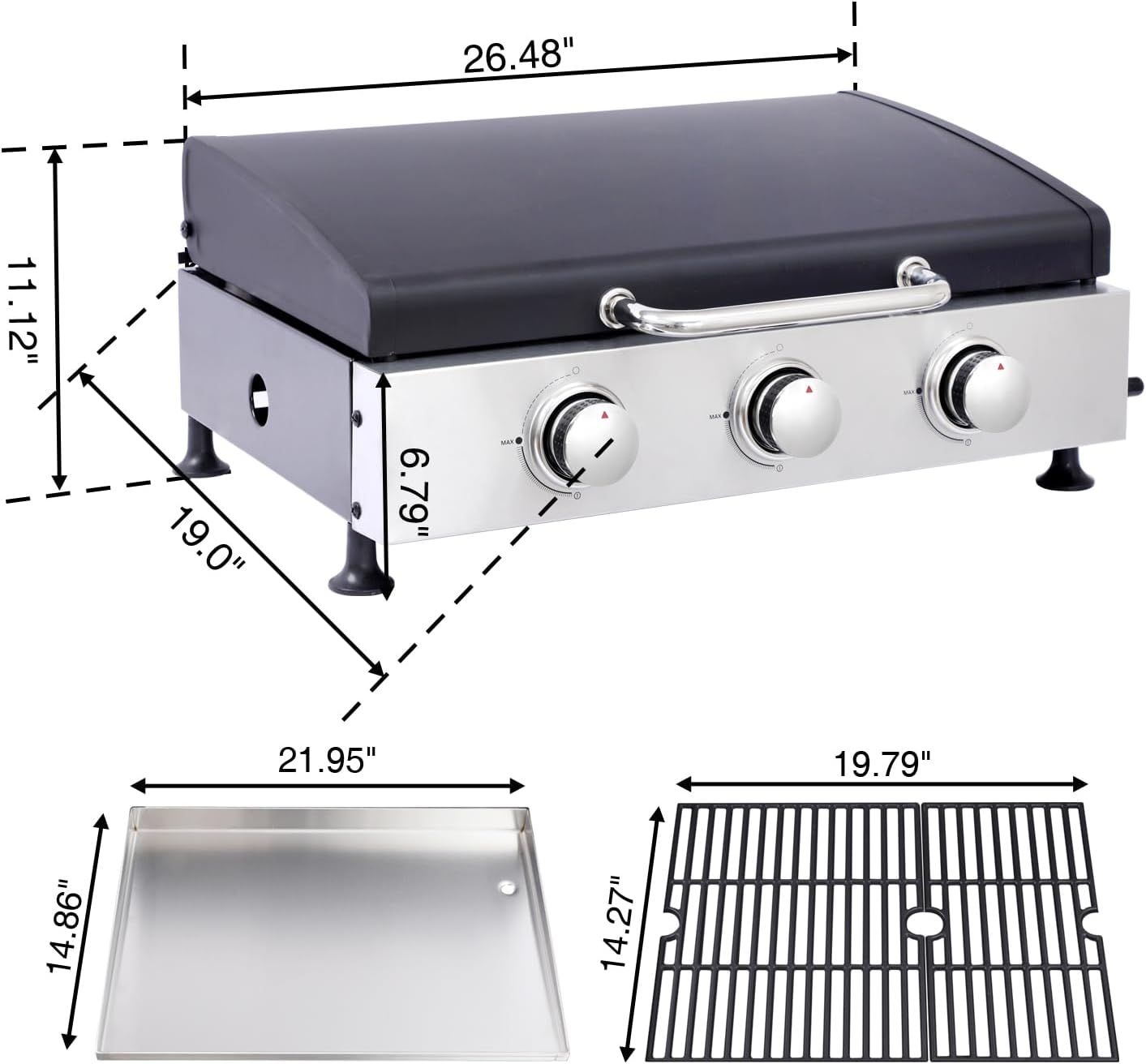 22' Flat Top Grill with Lid, 3 Burner Portable Gas Griddle for Outdoor, BBQ, Camping, Backyard & Tailgating Barbecue, 30,000 BTU Tabletop Propane Griddle 322 Sq. In.