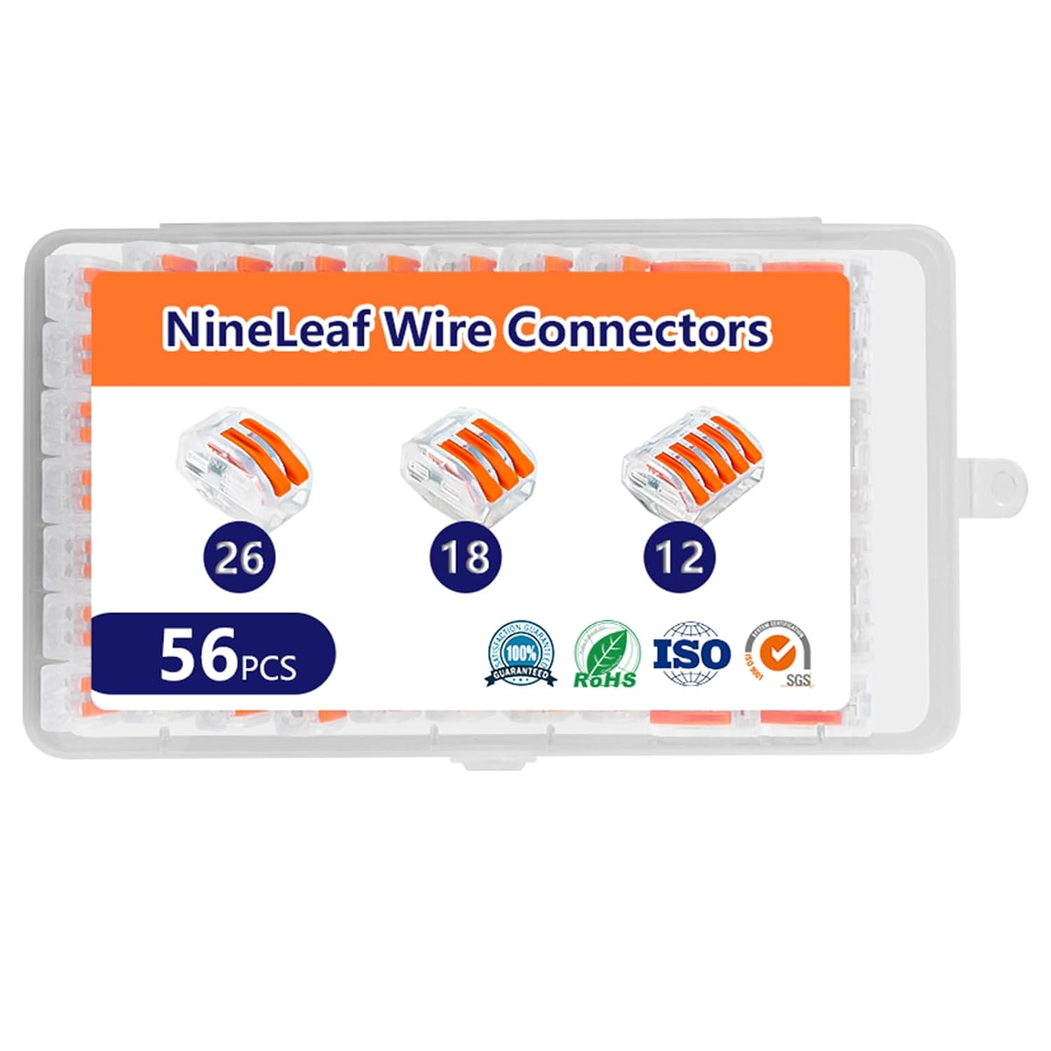 NineLeaf 56 Pcs Transparent Lever Wire Connectors Kit, 2/3/5 Port Electrical Wire Connectors with Test Hole, Push-in Lever Nuts for AWG 28-12, Reusable Quick Splice Connectors with Storage Box,100 Set