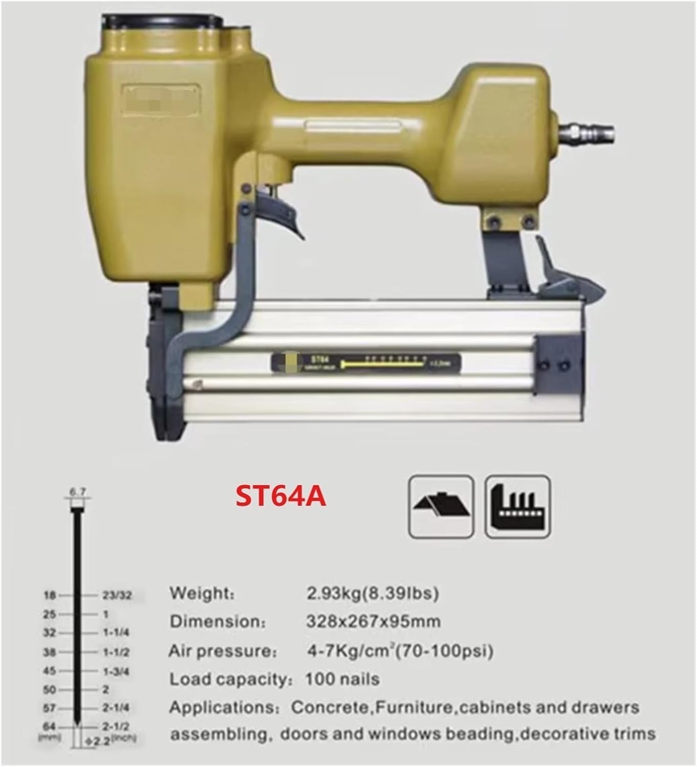 Pneumatic Nailer, ST64 Concrete T Nailer Tool Furniture Heavy Pneumatic Air Finish ST Steel Nail Gun Decorative Trims Concrete T Nailers,for Carpentry(ST64A)