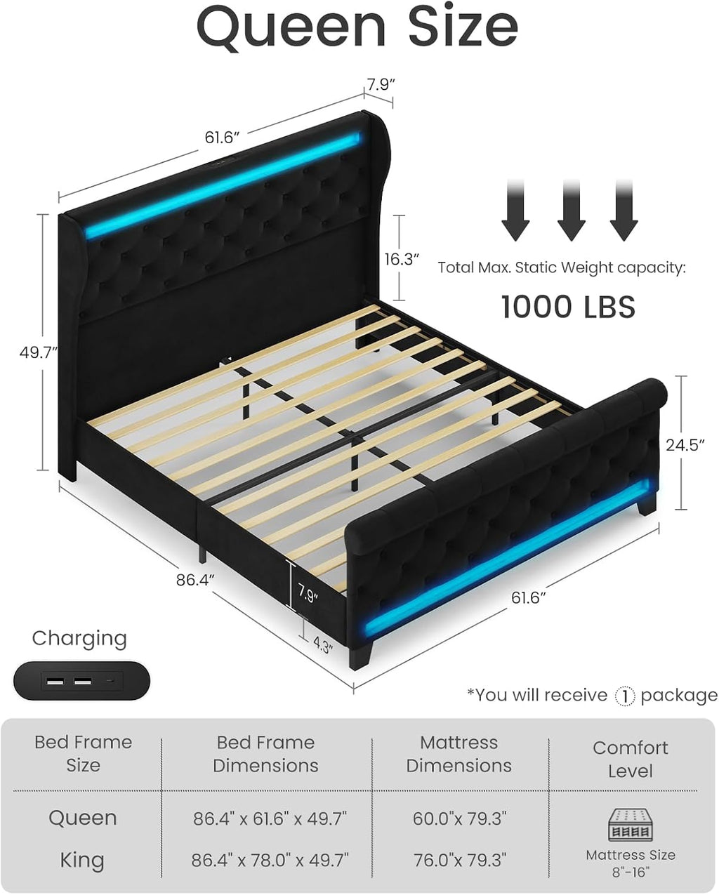 Belffin Queen Size Bed Frame with Headboard,50' Tall Headboard Upholstered Velvet Platform Bed with LED Lights & 2 USB Port/1 Type C Port, Button Tufted, No Box Spring Needed,Noise Free,Black