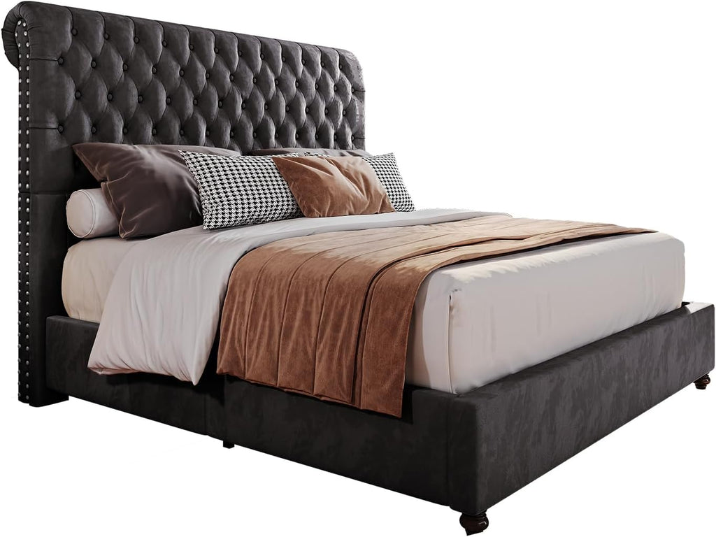 PaPaJet King Bed Frame Upholstered Platform Bed Frame with 53'' Tall Sleigh Headboard, Button Tufted, No Box Spring Needed, Easy Assembly, Gray