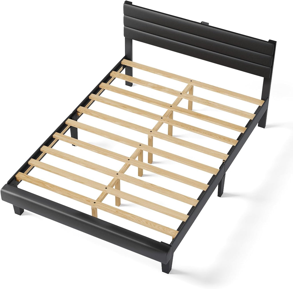 VINGLI Upholstered Bed Frame Queen, Faux Leather Platform Bed with Adjustable Headboard, Wood Mattress Foundation with Heavy Duty Slats Support,Luxury Modern,No Box Spring Needed, Black