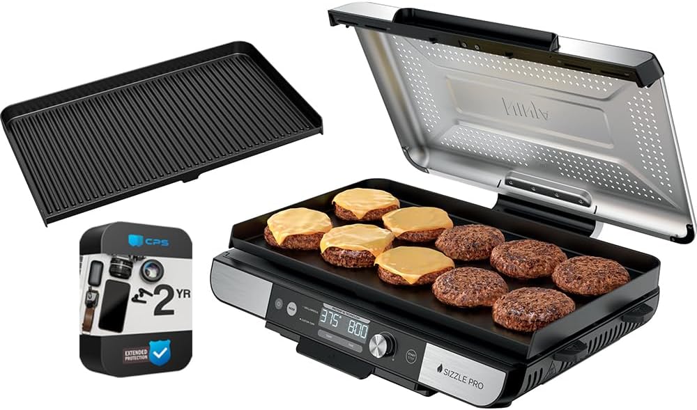 Ninja GX101 Sizzle Pro XL 20-Inch Indoor Griddle + Grill Silver (Renewed) Bundle with 2 YR CPS Enhanced Protection Pack