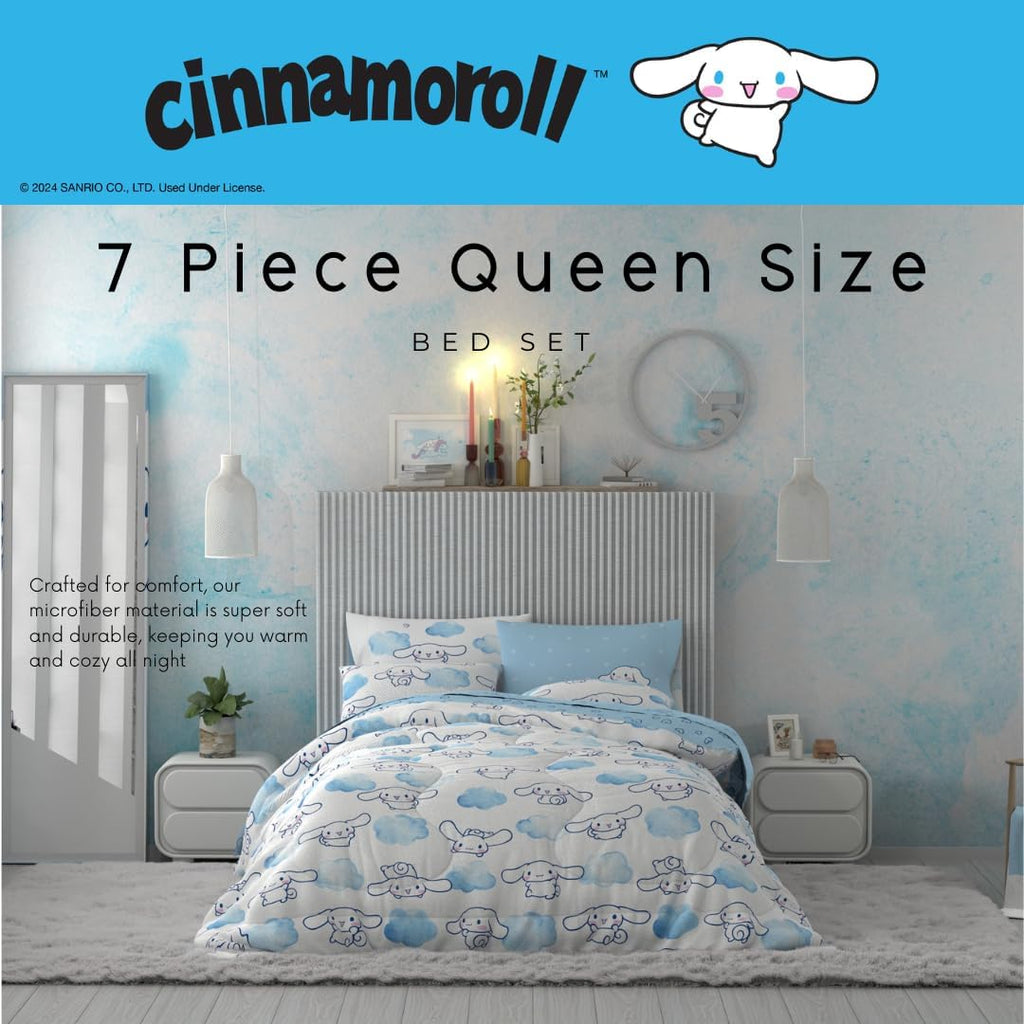 Cinnamoroll Bedding 7 Piece Super Soft Cozy Reversible Comforter and Sheet Set with Sham, Queen, (100% Official Licensed Product) by Franco