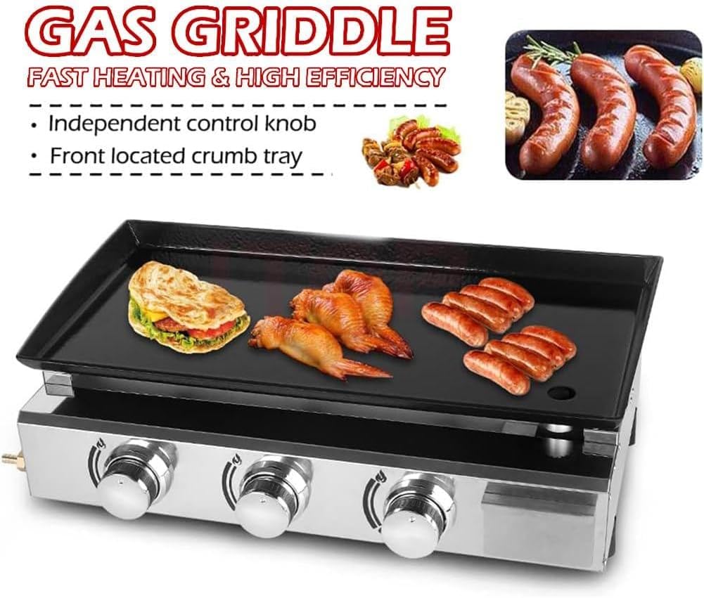 Portable Gas Grill Propane Tabletop Grill 3 Burners Gas Griddle 23 Inch Flat Top Grill for Outdoor Cooking While Party, Picnicking Or Camping，670x414x190mm