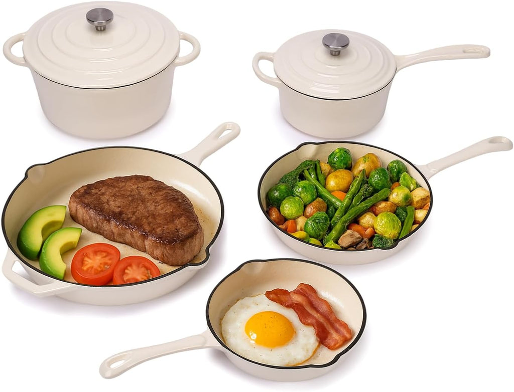 QuliMetal Enameled Cast Iron Cookware Set, 5-Piece Pots and Pans Set with Lids, Skillet, Frying Pan, Saucepan & Dutch Oven for All Stovetops, PFOA Free, Ideal for Sourdough Bread Baking