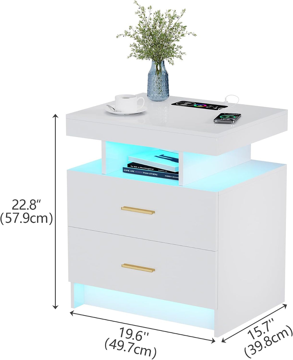 Lvifur Smart Nightstand Set of 2 - LED Night Stand with RGB Lights, Modern Bedside Table with Charging Station for Bedroom, Glossy End Table with Human Body Induction (White)