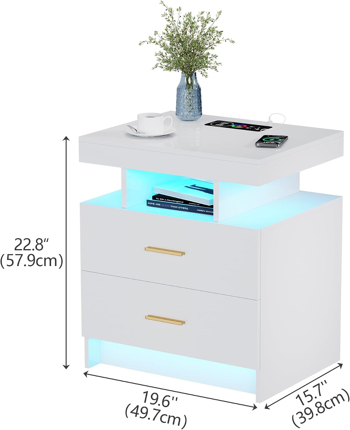 Lvifur Smart Nightstand Set of 2 - LED Night Stand with RGB Lights, Modern Bedside Table with Charging Station for Bedroom, Glossy End Table with Human Body Induction (White)