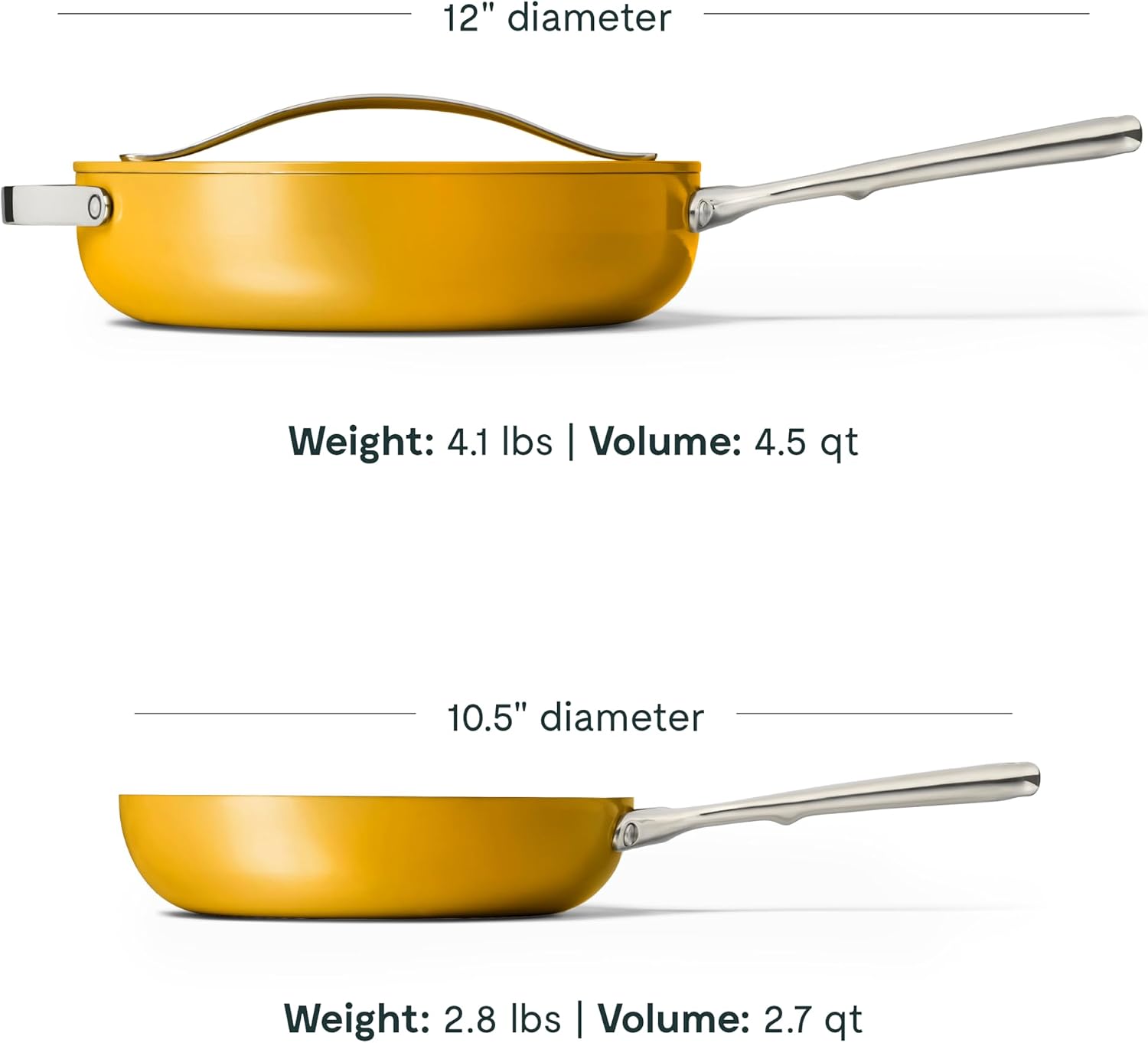 Caraway Fry Pan and Sauté Pan Duo - 10.5' Ceramic Frying Pan and 11.8' Deep Sauté Pan with Lid - Non Stick, Non Toxic, Oven Safe - Marigold