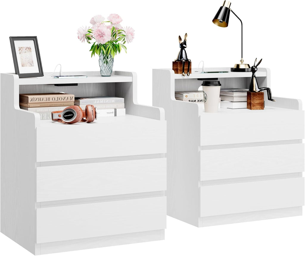 Rresyet Night Stand Set of 2, White Nightstand with Drawers 26.8' Modern End Table with Charging Station for Bedroom, Storage Upgrade & No-Handle Design